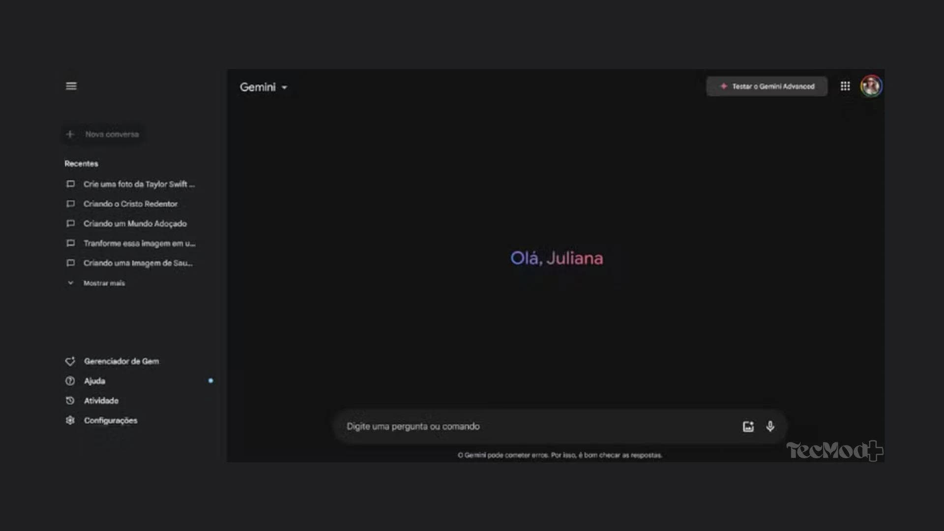 Interface do Gemini com comandos de texto, voz e imagem