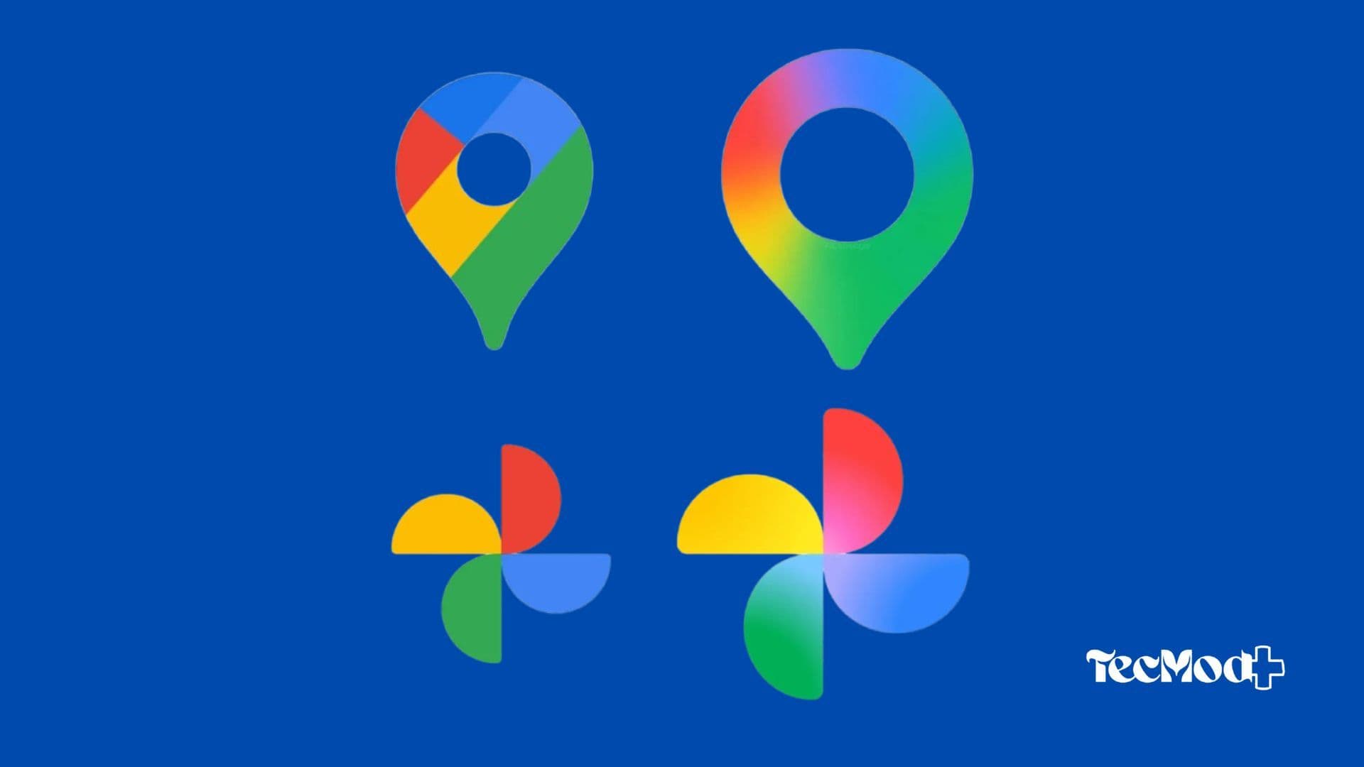 Comparação entre ícones antigos e novos do Google Maps e Google Fotos.