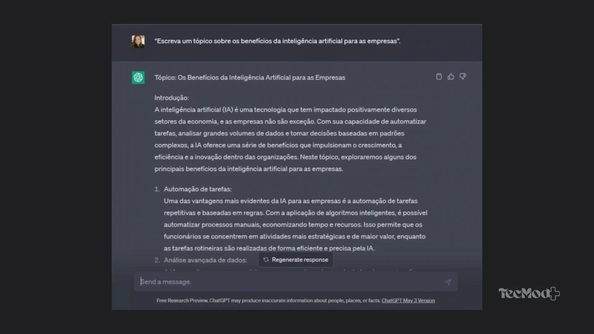 Exemplo de prompt estruturado para inteligência artificial.